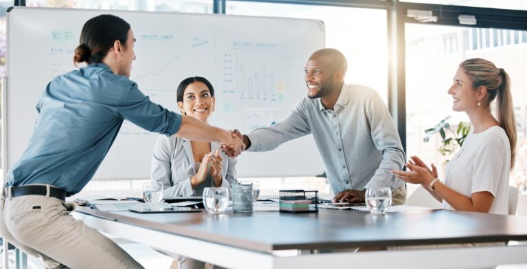 Diversity b2b people, handshake and collaboration for promotion, success deal or company innovation